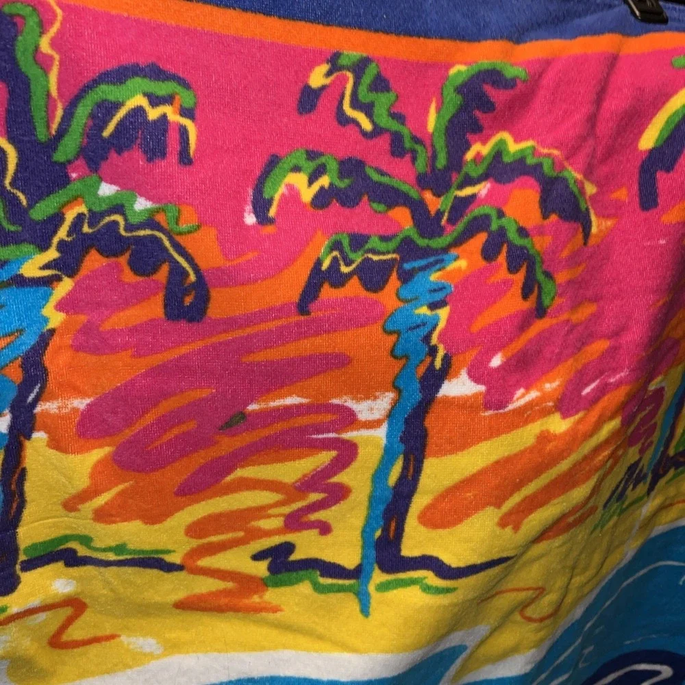 1980s Vintage Beach Towel Banana Club Brazil Terry Cloth Palm Trees Tropical EUC